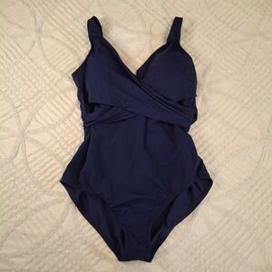 Lands' End Womens 18 One Piece Swimsuit Navy Blue Surplice Crossover Padded